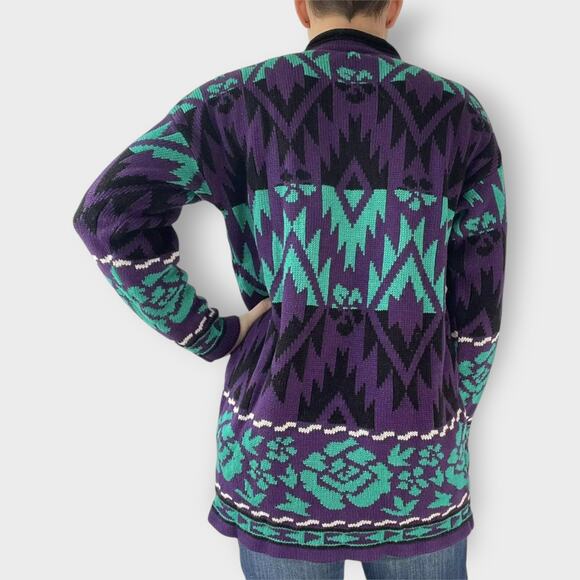 J C & Louis Sweater Vintage Neon Mock Neck Roses Aztec Purple Alternative Large - Picture 2 of 9